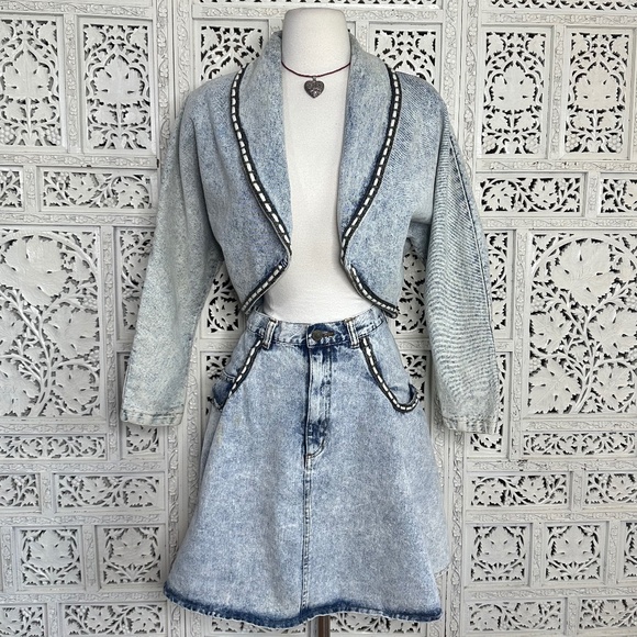 My Bestfriend Dresses & Skirts - Vtg Acid Wash Denim Cropped Jacket & Trumpet Skirt Set Sz Small
